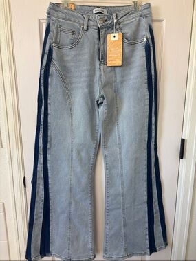 Light Blue Flare Jeans with Navy Side Stripes - Women